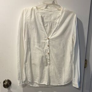 Classic White V-Neck Button-Front Women’s Top Cotton M long sleeve